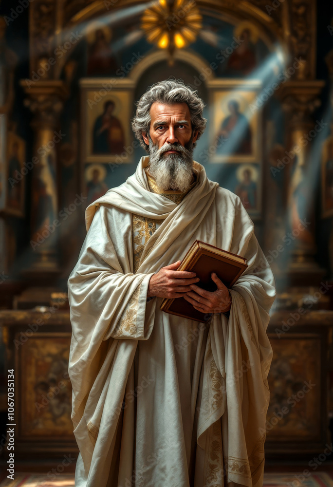 Naklejka premium Clergyman in orthodox church surrounded by iconography for new year celebrations