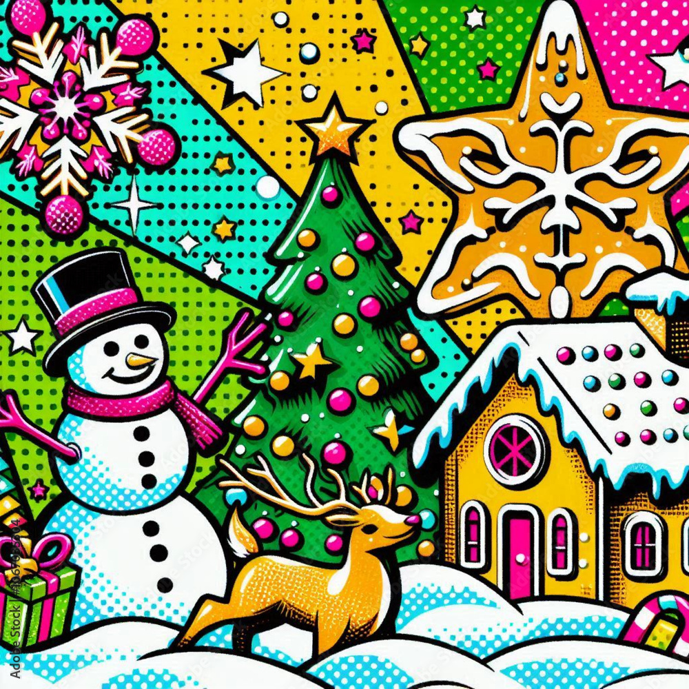 Obraz premium Pop colorful illustration of a Christmas scene with a snow man, cabin, snow, a tree and presents, reindeer, stars