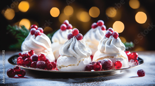 Mini meringue desserts with winter berries photo