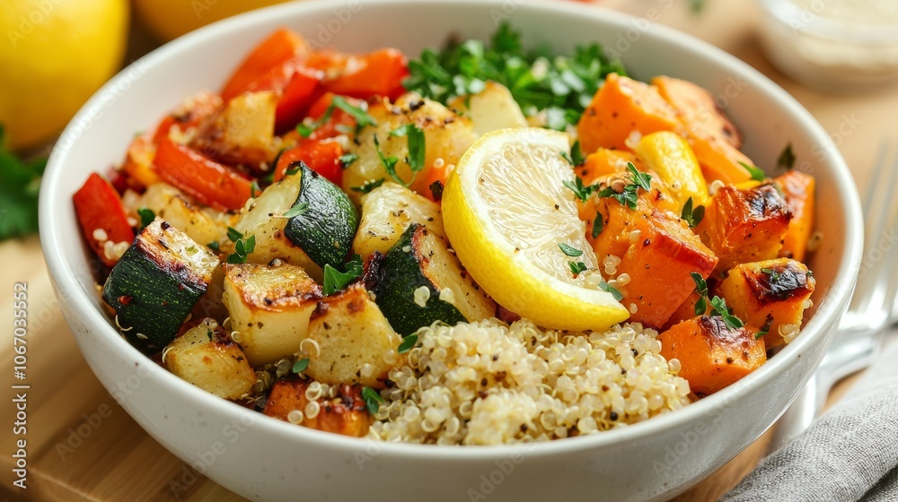 Vibrant Vegetable Bowl with Quinoa and Lemon Slice Vibrant Vegetable Bowl with Quinoa and Lemon Slice