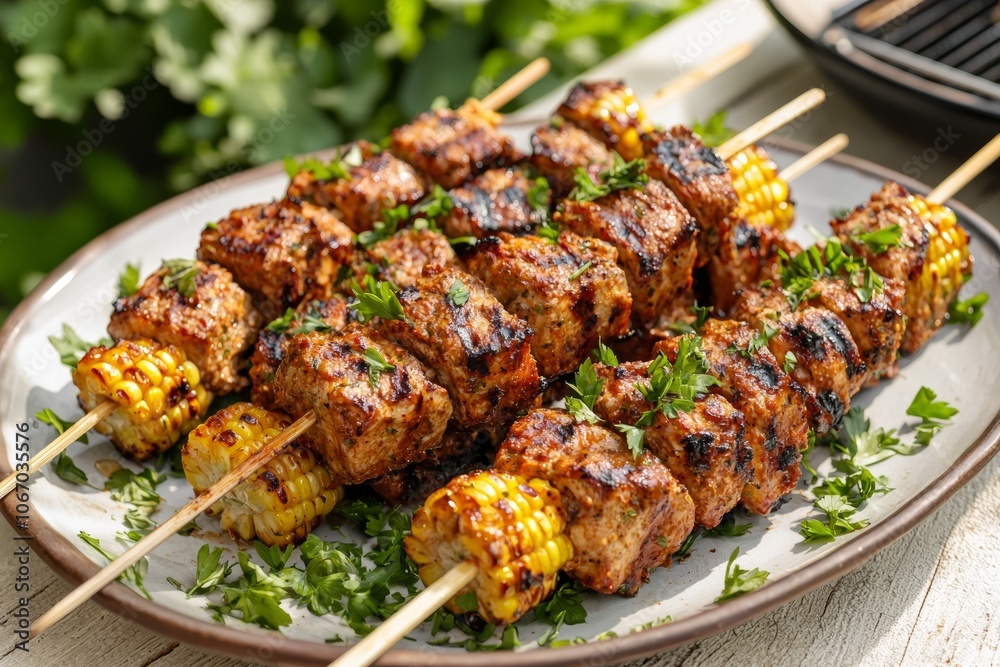 Grilled Meat Skewers with Corn and Herbs
