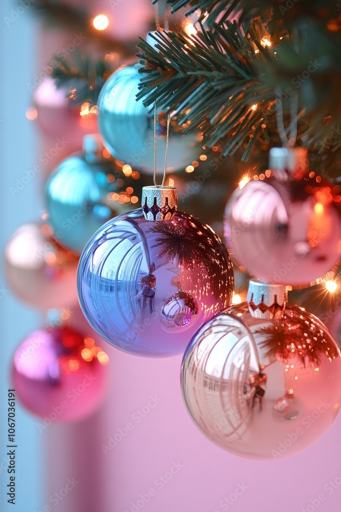 Christmas tree adorned with ornaments, twinkling lights, festive decor. Christmas tree adorned with ornaments, twinkling lights, festive decor.