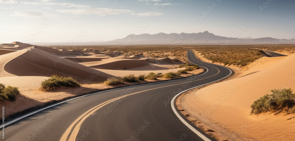 Fototapeta premium Winding asphalt road through a vast sandy desert landscape