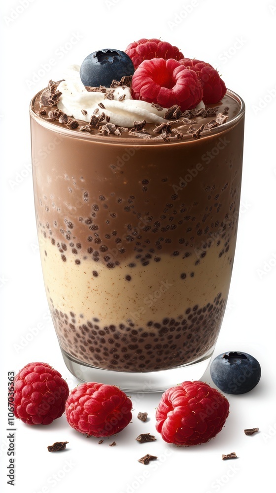 A chocolate chia pudding with whipped cream, raspberries, and a blueberry on top A chocolate chia pudding with whipped cream, raspberries, and a blueberry on top
