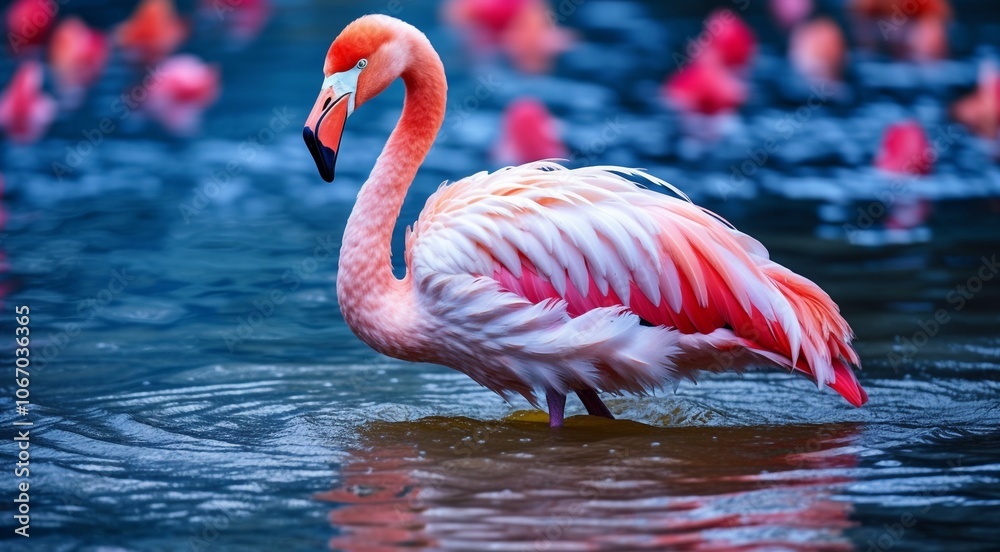 Obraz premium pink flamingo on the lake, pink flamingo swimming on the water, close-up of a beautiful pink flamingo