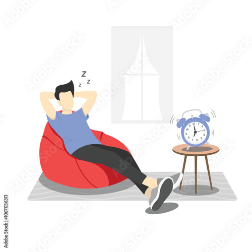 Man Sleeping In Beanbag With Alarm Clock On