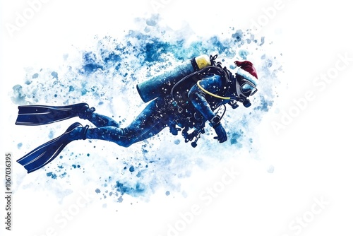 A scuba diver wearing a Santa hat explores a vibrant underwater world, symbolizing festive spirit, underwater exploration, holiday fun, aquatic adventure, and winter magic. photo