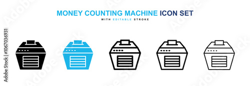 Money counting machine icon set in black and blue color