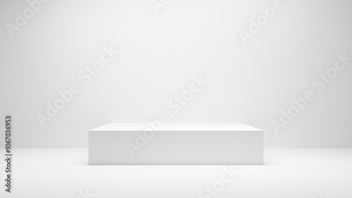 White table background. White empty Table platform cube with spotlight in white empty studio room. White display wall platform presentation, - white geometrical forms cube place mock up for products