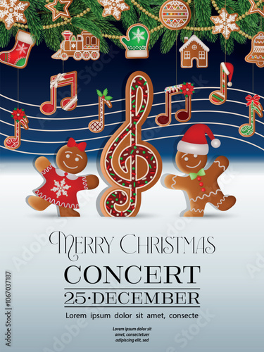 christmas concert flyer with gingerbread cookies . christmas concert poster with gingerbread man and woman and gingerbread musical notes