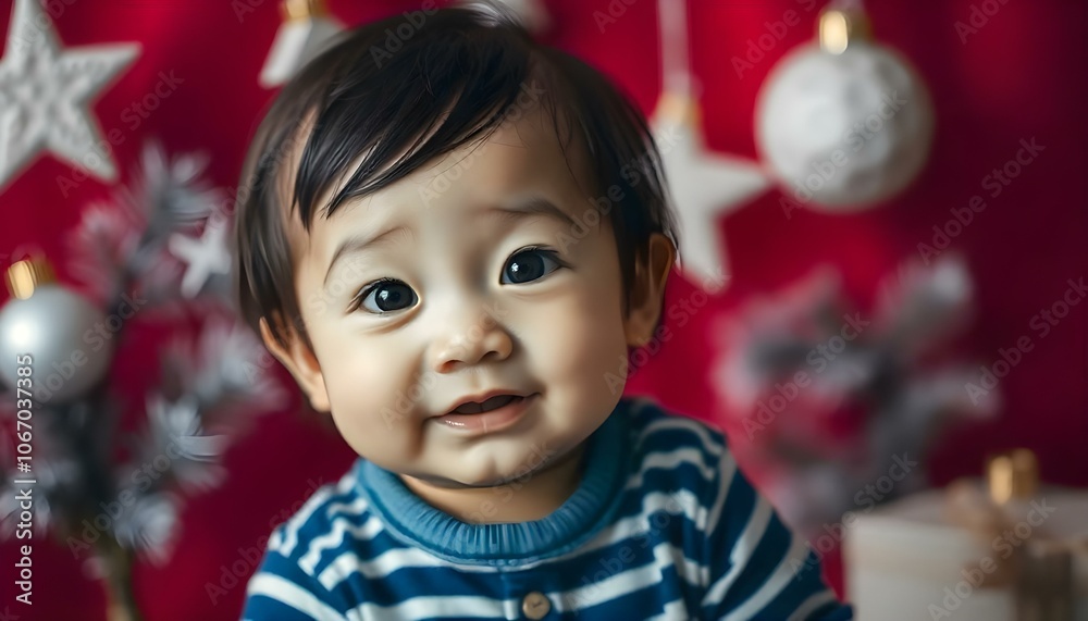 Cute Asian baby in a blue and white onesie on a red Christmas background with copy space Cute Asian baby in a blue and white onesie on a red Christmas background with copy space