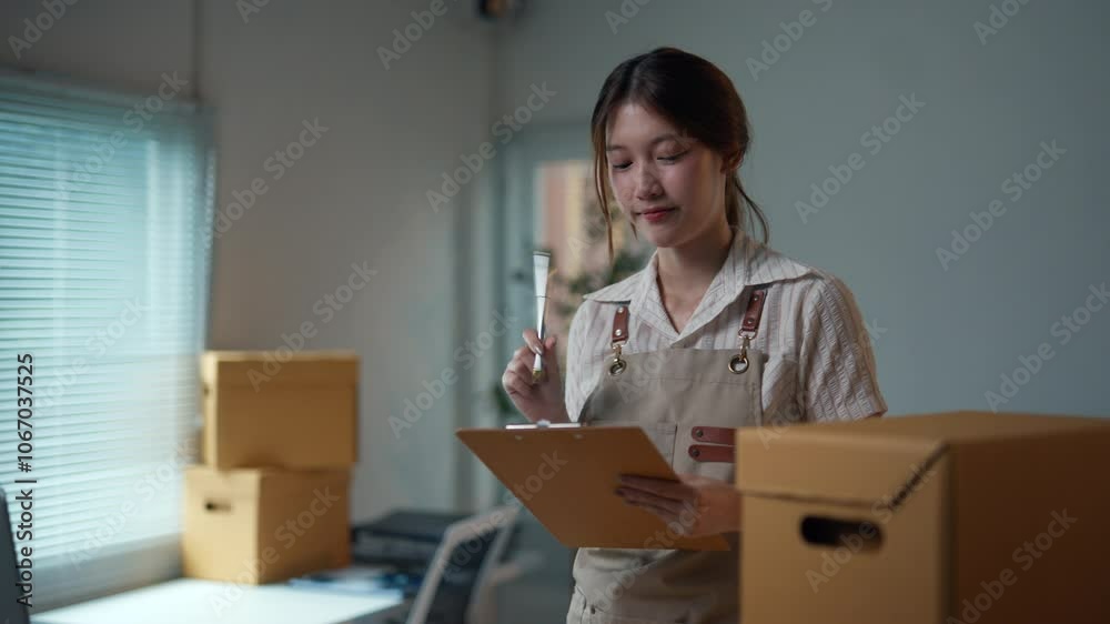 Young woman checking inventory in a warehouse while making notes on a clipboard, showcasing a confident and organized approach Young woman checking inventory in a warehouse while making notes on a clipboard, showcasing a confident and organized approach