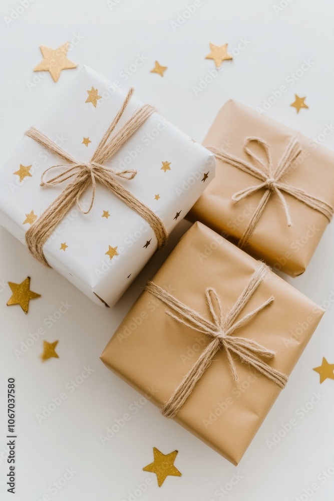 Three wrapped presents with gold star patterns, festive holiday theme. Three wrapped presents with gold star patterns, festive holiday theme.