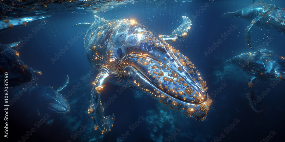 Fototapeta premium The immense blue whale glides through the ocean depths, its skin a mesmerizing display of textures, each tubercle and shell delicately visible on its vast surface.