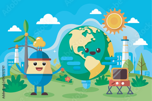 An illustration shows Earth with two robots: one promoting clean energy, the other attentive with solar panels. Background includes human activities and nature.