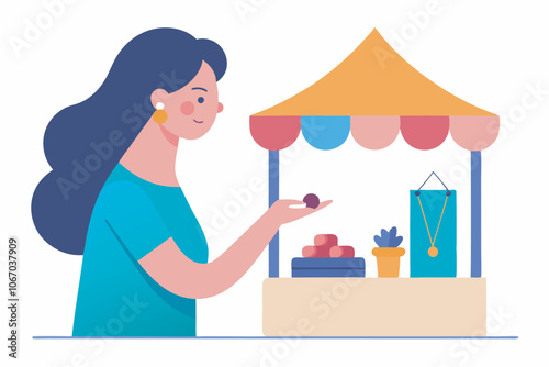 A woman at a jewelry stall examines various gemstones and necklaces. The scene includes a yellow-and-red awning, items on display, and hints of a marketplace setting.