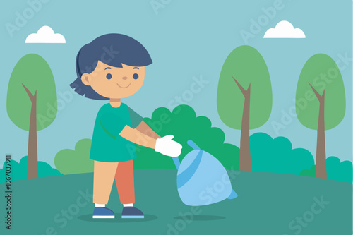 A man in green shirt and red pants cleans up outdoor area with a plastic bag, promoting environmental cleanliness amid green trees under clear sky. 