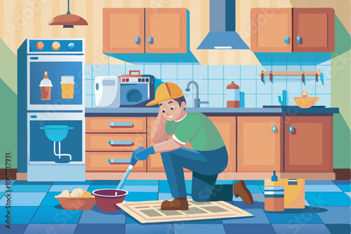 A person in a bright setting fixes a kitchen leak with duct tape among daily chaos, showing determination amidst appliances, scattered items, and an attempt at mealtime normalcy.