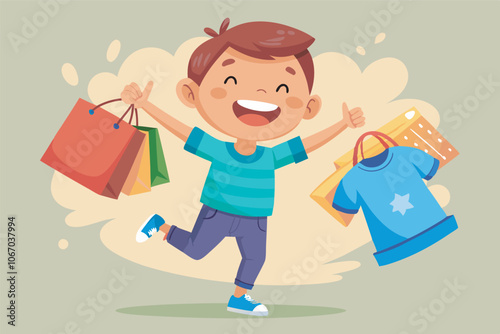 A joyful boy in a green shirt and purple jeans, arms raised, holding shopping bags and a garment, radiating happiness from a successful shopping trip.
