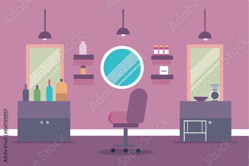 The beauty salon features a purple-themed interior with two desks, skincare bottles, shelves, and mirrors. It exudes a tranquil and organized ambiance.