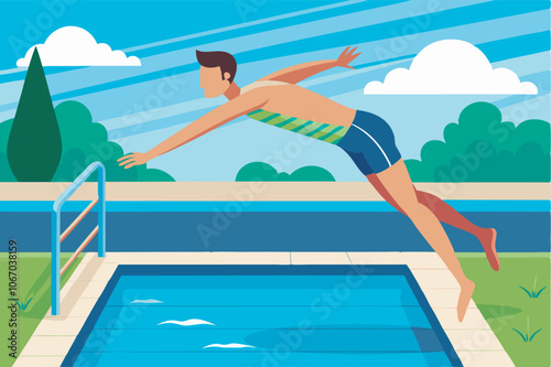 A joyful man in a striped swimsuit jumps into a blue pool on a sunny day, surrounded by greenery, hinting at a cheerful summer vibe.