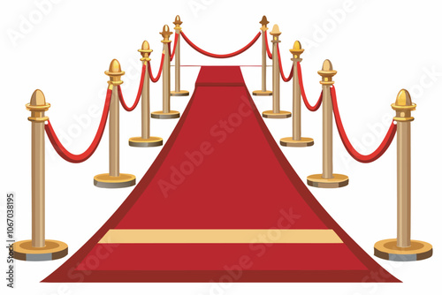 A red carpet with gold barriers and velvet ropes on a white background depicts a VIP event, adding glamour and luxury within a brown frame.