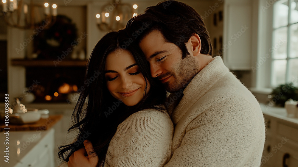 Loving young couple embracing in cozy home during Christmas holiday season. Romantic couple enjoying intimate moment in cozy interior. Loving young couple embracing in cozy home during Christmas holiday season. Romantic couple enjoying intimate moment in cozy interior.