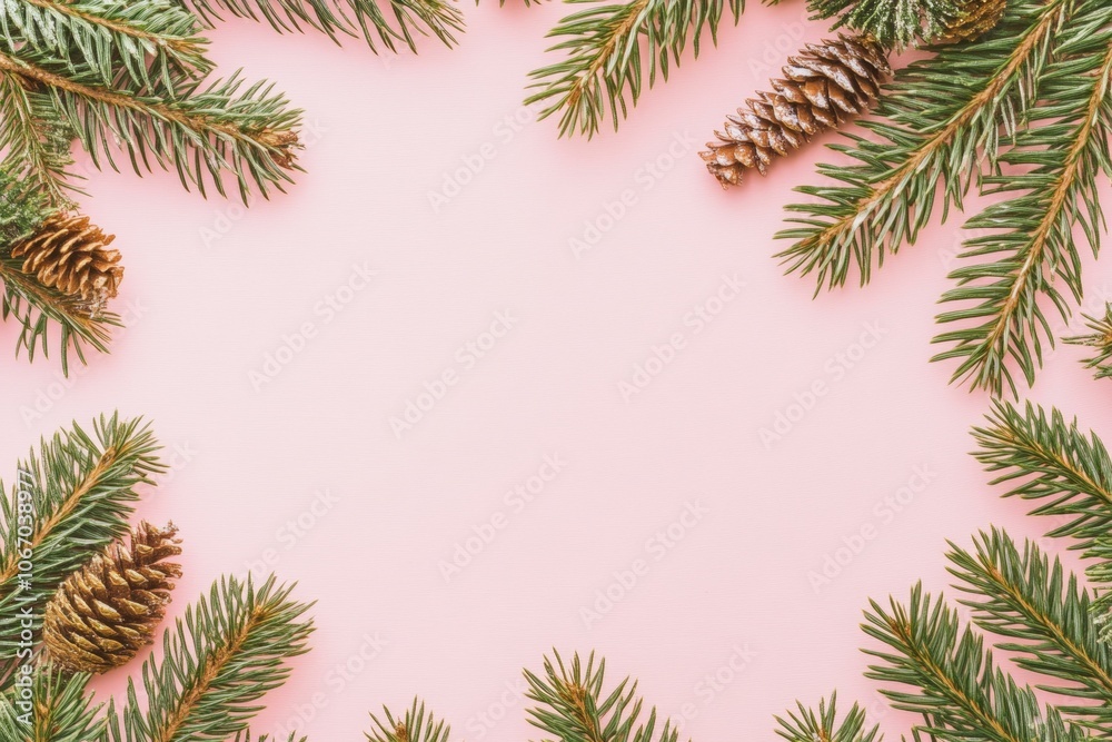 Pine branches, cones on pink background, nature-inspired decor Pine branches, cones on pink background, nature-inspired decor