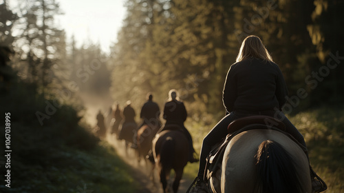 Friends Riding Horses Through Scenic Forest Trail Together