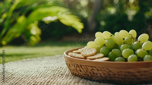 Fresh Grapes and Crackers in a Sunlit Setting photo