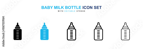 Baby milk bottle icon set in black and blue color