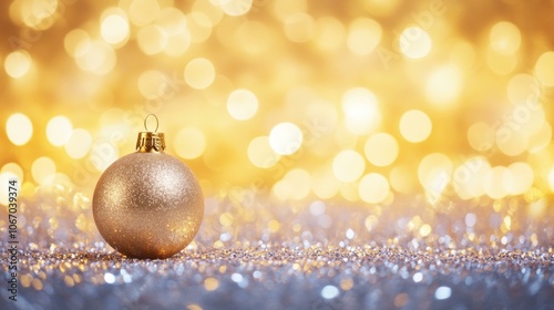 Golden Christmas ball on shiny background with festive sparkle.