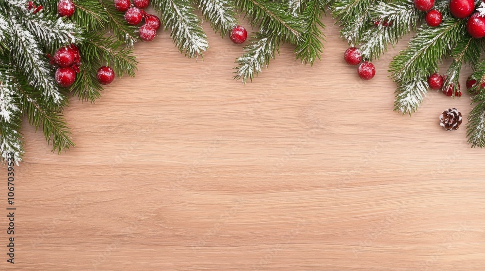 Christmas tree branches, red berries, pine cones on wooden background. Christmas tree branches, red berries, pine cones on wooden background.