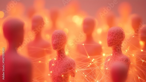 Abstract glowing threads connecting people silhouettes in warm light, pastel space. AI generated