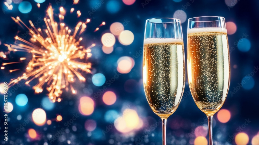 Two champagne glasses with fireworks illuminating night sky. Two champagne glasses with fireworks illuminating night sky.