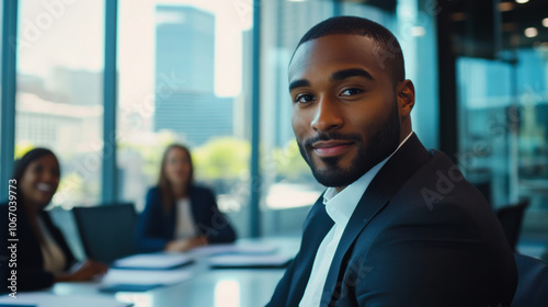 Young professional in a business suit confidently engages in a meeting at a modern office with city views during the day