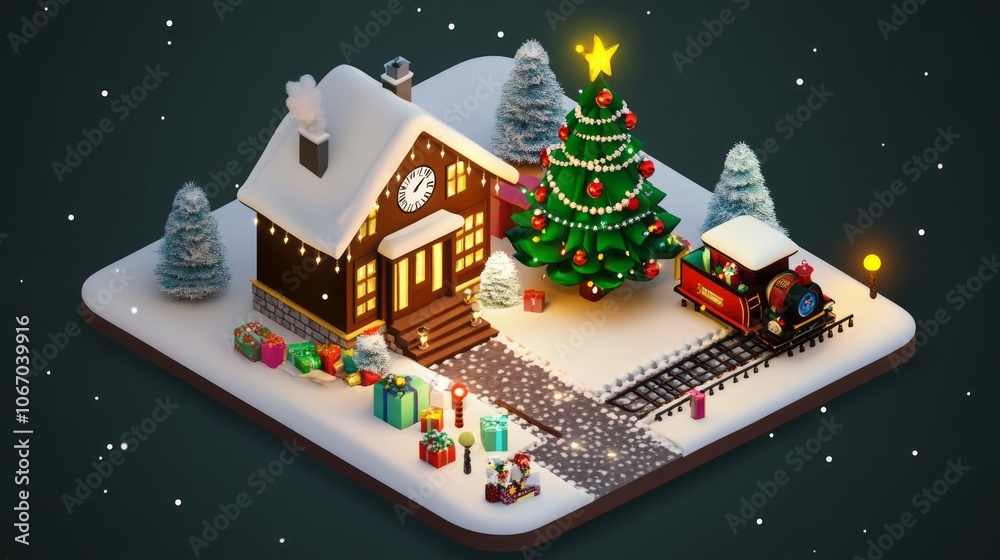 Fototapeta premium Christmas isometric 3D environment featuring the 1TV logo in the center