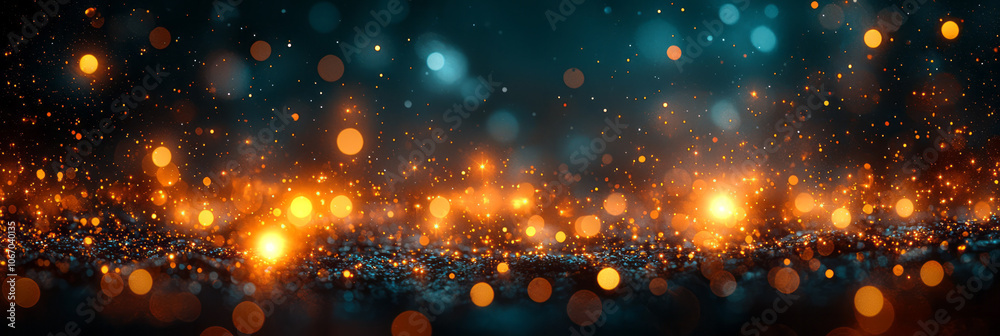 Naklejka premium A minimal geometric pattern illuminated by golden bokeh lights, glowing on a dark green background,