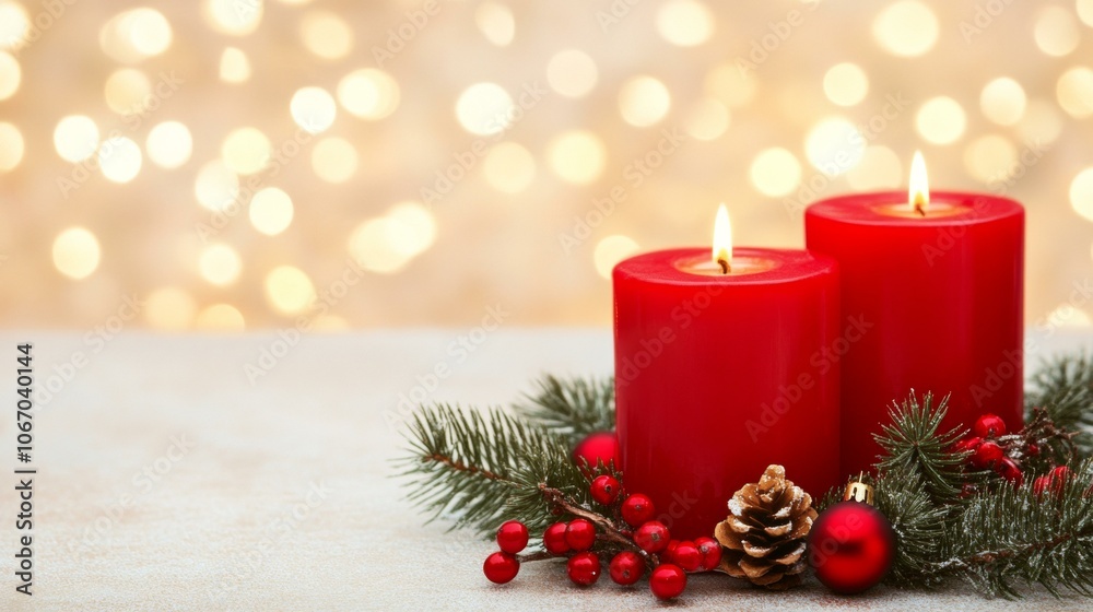 Red candles with Christmas decorations, lights glowing softly.