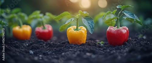 Freshly Sprouted Bell Peppers in a Garden Bed