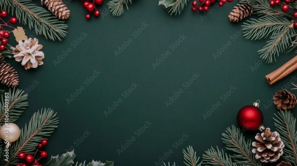 Christmas decor with fir branches, pine cones, red balls, cinnamon. Christmas decor with fir branches, pine cones, red balls, cinnamon.