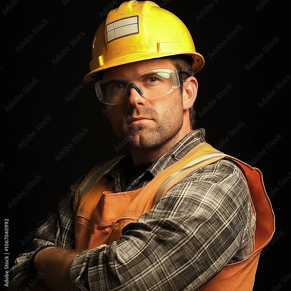A confident worker in hard hat and glasses, wearing a flannel shirt and reflective vest at a worksite. A confident worker in hard hat and glasses, wearing a flannel shirt and reflective vest at a worksite.