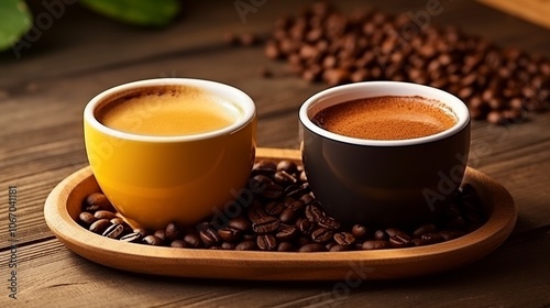coffee beans and brewed coffee in the yellow, brown cup on the wooden table