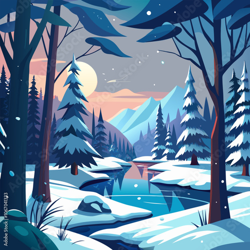 A picturesque winter landscape with snow-covered trees, a frozen river, and majestic mountains in the background. This serene scene is perfect for adding a touch of tranquility to your designs.