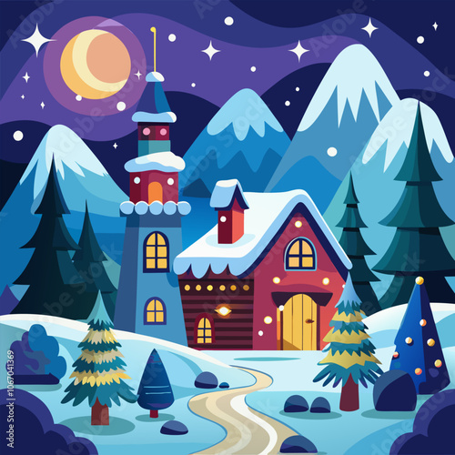 A charming winter scene with a cozy cottage nestled amongst snow-covered mountains and twinkling stars. The perfect illustration to bring a festive feel to your designs.