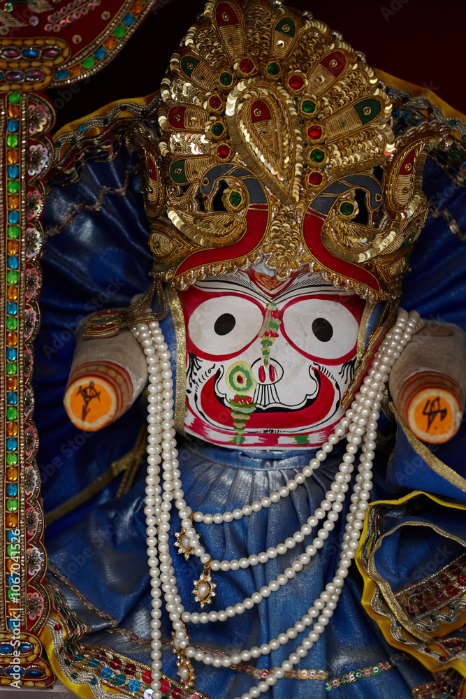 Indian, icon and culture with statue for worship, Hindi religion and throne with colorful decoration. Jewelry, sacred and mandir with idol for prayer, belief and traditional devotion with beads Indian, icon and culture with statue for worship, Hindi religion and throne with colorful decoration. Jewelry, sacred and mandir with idol for prayer, belief and traditional devotion with beads