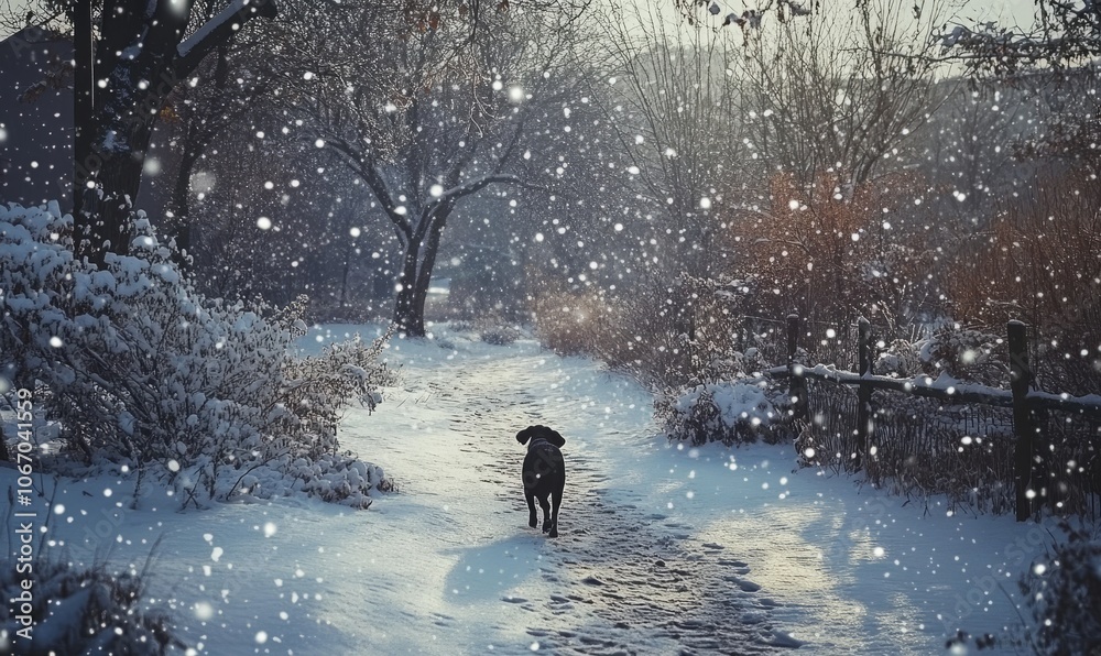 Dog walking along a snow-covered trail in a suburban park, with snowflakes gently falling Dog walking along a snow-covered trail in a suburban park, with snowflakes gently falling