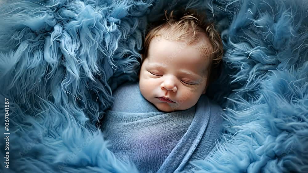 A newborn baby sleeps wrapped in a blue towel and a fluffy blanket. A newborn baby sleeps wrapped in a blue towel and a fluffy blanket.