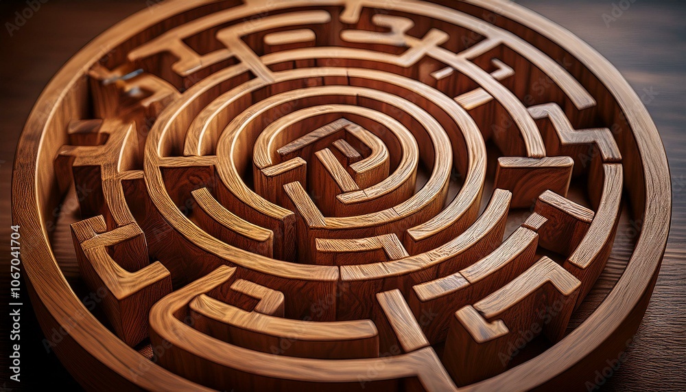 Wooden brown labyrinth maze puzzle close up Wooden brown labyrinth maze puzzle close up