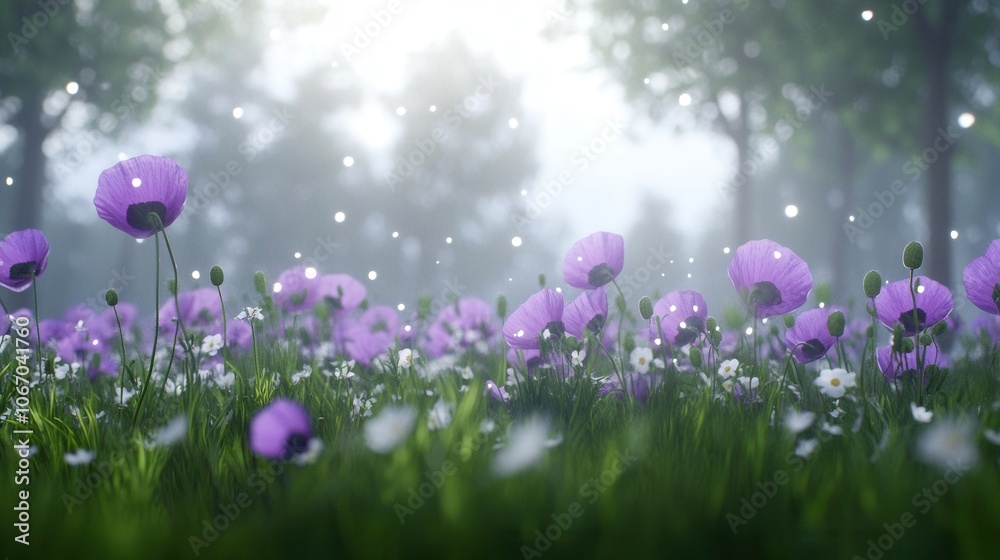 Fototapeta premium Discover the serenity of nature a lush field of purple flowers in a misty landscape